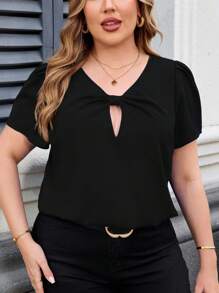 SHEIN Clasi Große Größen Elegantes blaues Loose Shirt mit Hohlmuster und Twist-Ärmeln, Sommer