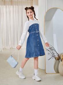 Tween Girl Contrast Color Hooded Long Sleeve Loose Casual Dress, Spring & Autumn - Medium Wash - View 3