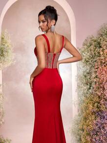 Glamrae Elegant Satin Strapless Twist Rhinestone Semi-Sheer Ruched Fishtail Evening Gown, Mesh Dress, Dress - Red - View 7