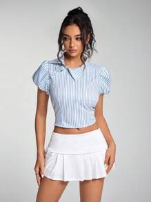 SHEIN Unity Camisa corta de mujer casual de manga corta abullonada y a rayas para verano - Azul y blanco - View 4