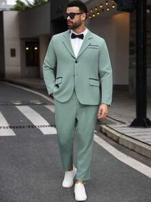 Manfinity Mode 大码男士纯色翻领长袖西装外套和裤子休闲套装 - 薄荷綠 - 查看 5