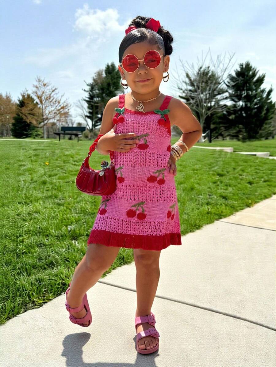 少女樱桃提花镂空针织连衣裙 - 彩色 - 查看 1