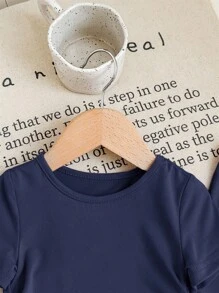 SHEIN LMoss Kids LMoss  Babygirl Cute Casual Knitted Navy Blue Short Sleeve Top And Wide Leg Pants Set Toddler Girl Two Piece Set Toddler Girl Clothes Baby Girl Two Piece Outfit Girls Two Piece Outfits Toddler Girl Summer Outfit - Navy Blue - View 4