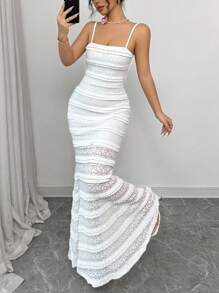 Rafferiza 女士优雅白色蕾丝边细肩带露背系带鱼尾下摆纹理蕾丝长裙 - 白色 - 查看 6