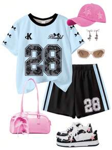 SHEIN Leap Crew Bộ đồ 2 mảnh quần short tay ngắn tối giản thường ngày cho bé gái tuổi teen, phù hợp cho mùa hè - Nhiều màu - Xem 3