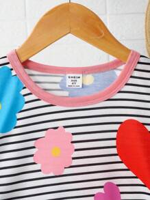 Girls Casual Comfortable Colorful Floral Print Patchwork Pink Striped Round Neck Dress Summer Holiday - Multicolor - View 4