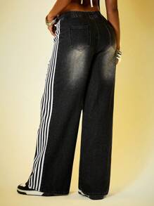 ROMWE Street Life Vintage High Street Distressed Side Stripe Decor Baggy Washed Denim Jeans - Black - View 3