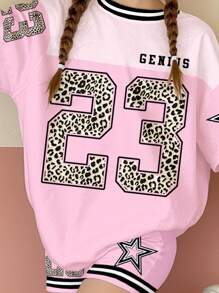 Sports Jersey Outfit, Racecar Pattern, Leopard Print, Star Graphic No. 23, Neon Pink, Teen Girl Casual Minimalist Short Sleeve Loose T-Shirt And Leggings Set, Summer