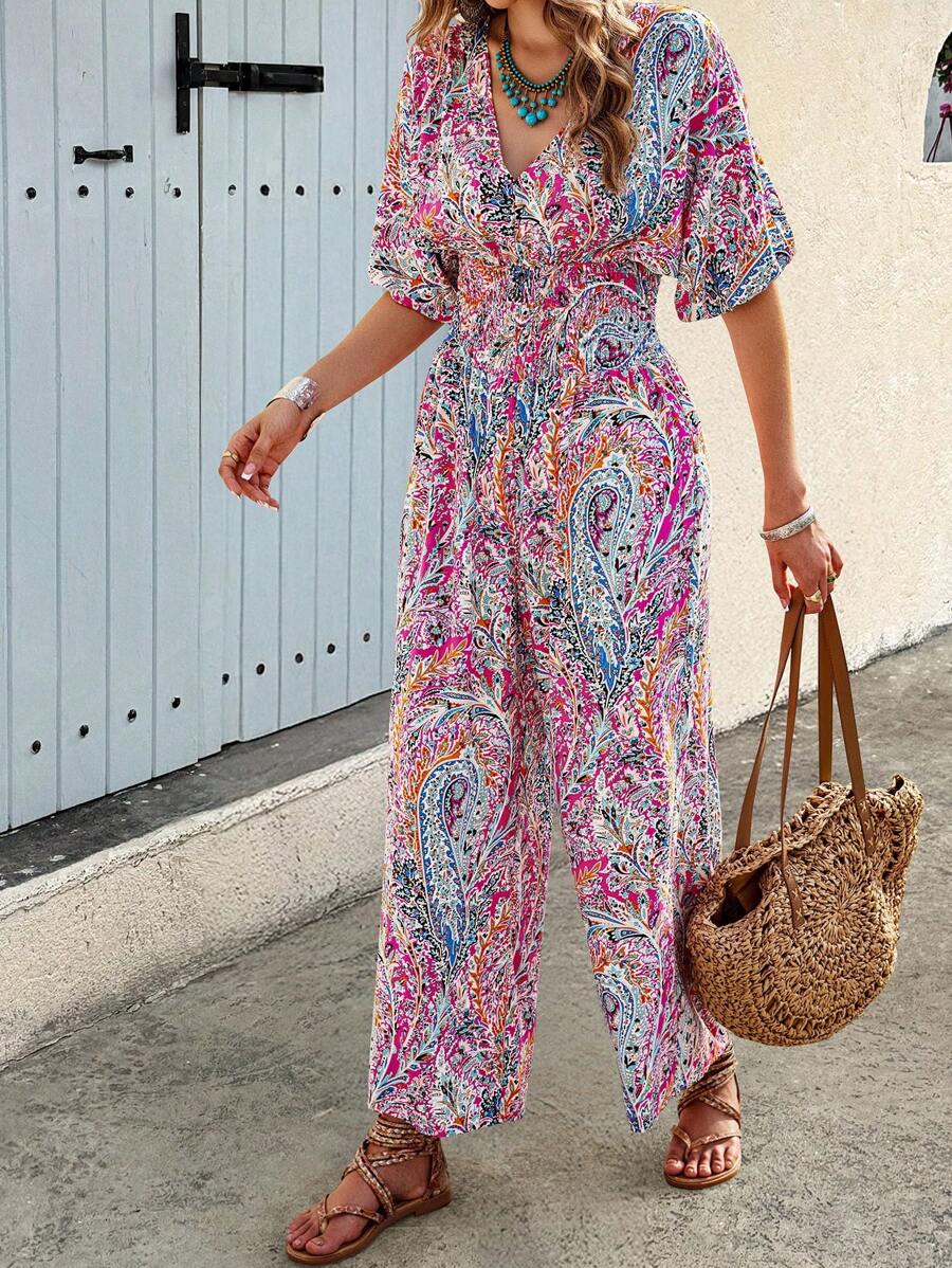 SHEIN LUNE Mono estampado aleatorio con cinturón en estilo bohemio de manga corta para mujer - Multicolor - Ver 1