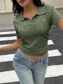 Flirla Women's Twisted Polo Neck Short Sleeve Solid Color Knit Top - Army Green - View 5