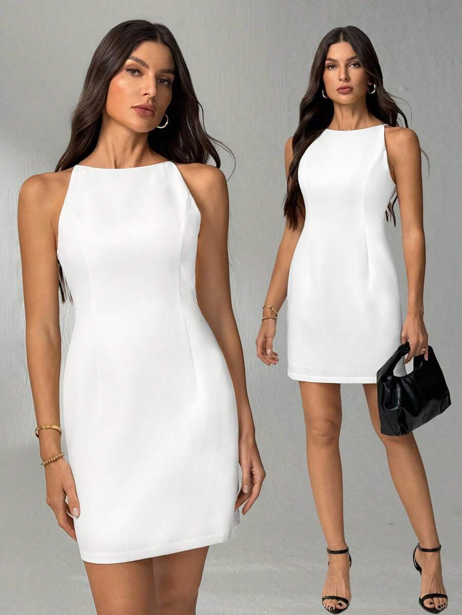 SHEIN Tall 女士优雅纯色无袖短裙、礼服、婚纱、白色毕业白裙、商务休闲女装 - 白色 - 查看 1