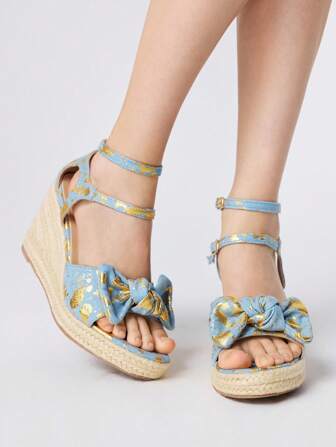 Kawaii Sandalias de cuña con punta abierta y adorno de lazo con flores para mujer