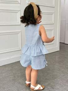 SHEIN Setelan Atasan dan Celana Pendek Tanpa Lengan Kerah Bulat Minimalis Kasual untuk Anak Perempuan - Biru - View 2