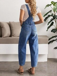 EMERY ROSE 女式口袋喇叭形宽松牛仔背带裤连体裤，夏季女式牛仔背带裤女式牛仔背带裤女式牛仔连体裤女式牛仔连体裤女式背带裤 - 藍色 - 查看 4