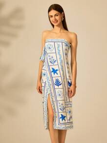 CAJUNI 女士休闲度假热带植物印花抹胸连衣裙 - 彩色 - 查看 3