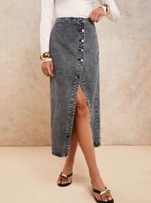 COSMINA 女士优雅开衩牛仔迷你裙，春夏 - 灰色 - 查看 1