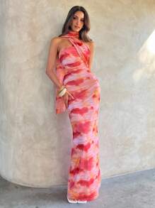 Aloruh Women's Romantic Vacation And Elegant Scarf  Neck Tied Dyed Mesh Print Maxi Dress,Honeymoon Outfits Woman Women Wedding Guest Dress Island Vacation Outfits,Summer Dresses For Women,Women Night Out Dress,Island Vacation Outfits,Fall Wedding Guest Dress - Multicolor - View 8