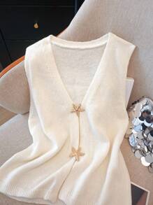Regalyn Top de punto sin mangas con botones con estrellas para mujer de talla grande