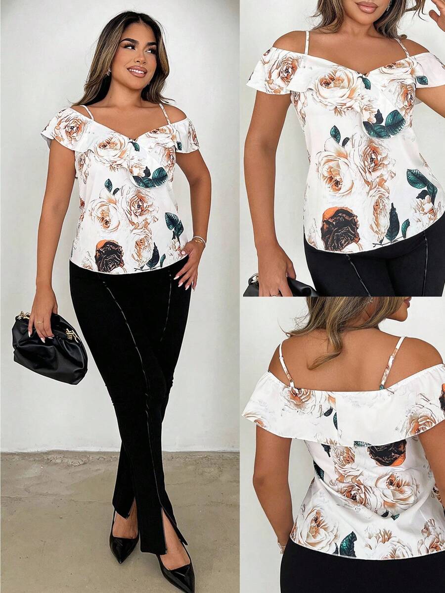 SHEIN LUNE 女士优雅花卉印花露肩吊带背心，夏季 - 彩色 - 查看 1