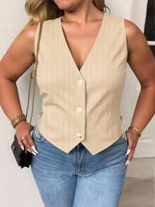 Plus Size Women Striped Single-Breasted Side Tie Casual Top - Khaki - View 3