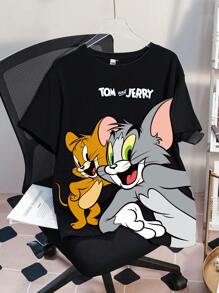TOM & JERRY X SHEIN Plus Size  Summer  Y2K Cleanfit Casual Rave Outfits Festival  Punk Cover Up  Retro Vintage Cartoon Casual Cute Funny Black Cat Print Crew Neck Short Sleeve T-Shirt, Casual For Summer