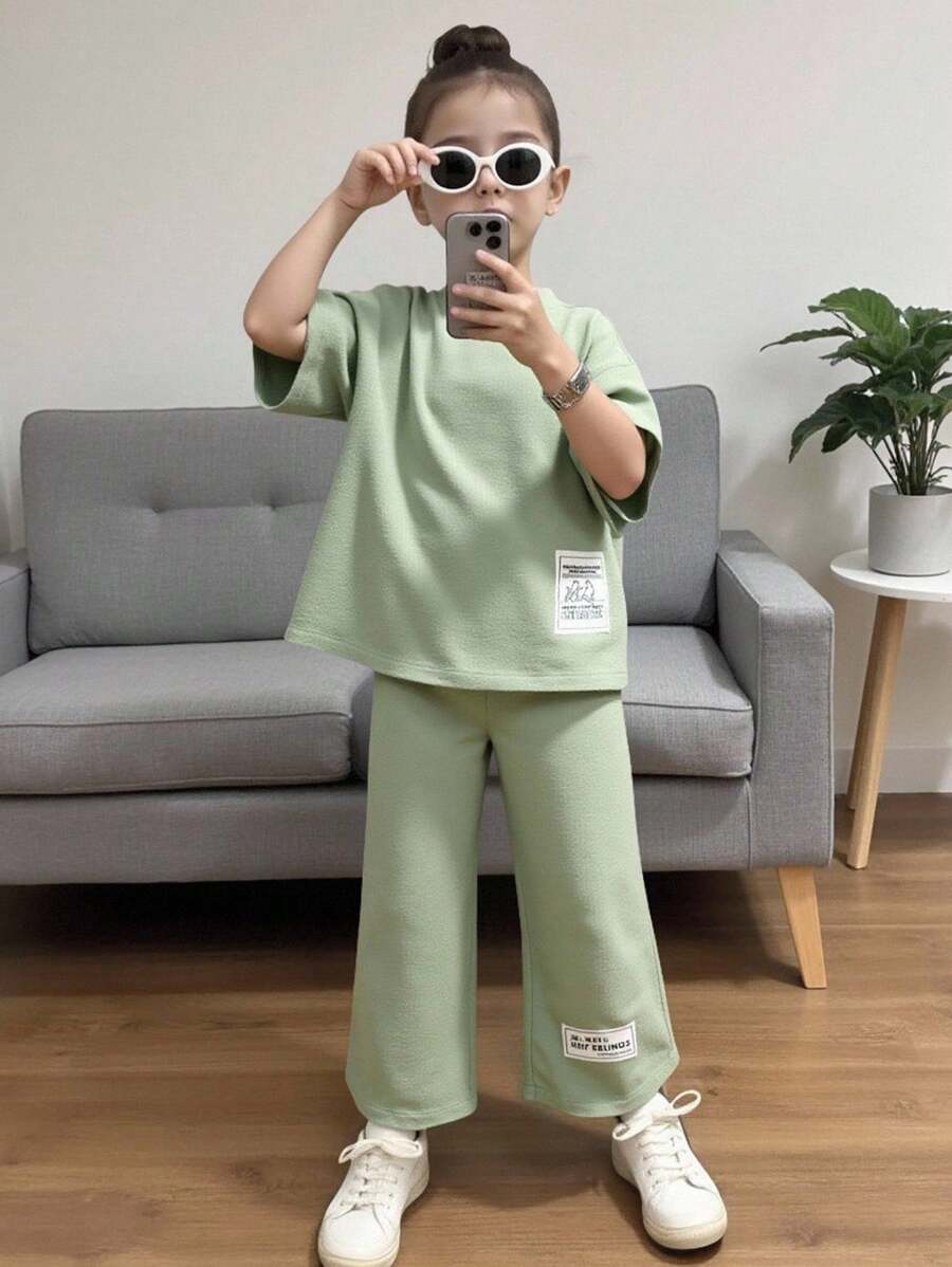 2 件套年轻女孩立领纯色上衣和长裤套装 - 綠色 - 查看 1