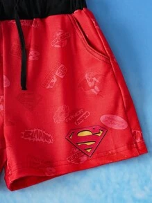 SUPERMAN X SHEIN Young Boy Summer Casual Superhero Contrast Trim Round Neck Short Sleeve T-Shirt And Shorts Set - Multicolor - View 6