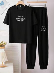 SHEIN 2 件青少年女孩简约字母图案圆领短袖 T 恤和裤子针织休闲睡衣套装女士睡衣套装女士休闲套装女士家居服套装女士两件套女士睡衣套装 - 黑色 - 查看 2