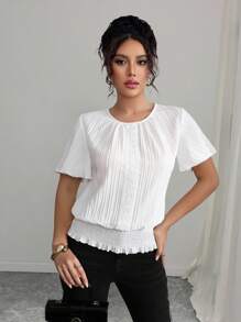 Selianne Áo cánh thường ngày nữ cạp chun nhún bèo họa tiết PETITE, tối giản và thanh lịch cho trang phục ngày lễ/đầm châu Phi cho nữ/băng đô/ngày 4 tháng 7/trang trọng lịch sự/mùa thu, halloween, dạ hội, trở lại trường/khiêm tốn - trắng - Xem 3