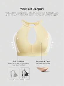 GLOWMODE FeatherFit™ More Glow Buttery-Soft Stretchy Sweat-Wicking Push-Up Removable Cups Keyhole Mesh Straps Halter Sports Bra Low Impact Yoga Pilates Barre Studio Daily Casual Wear