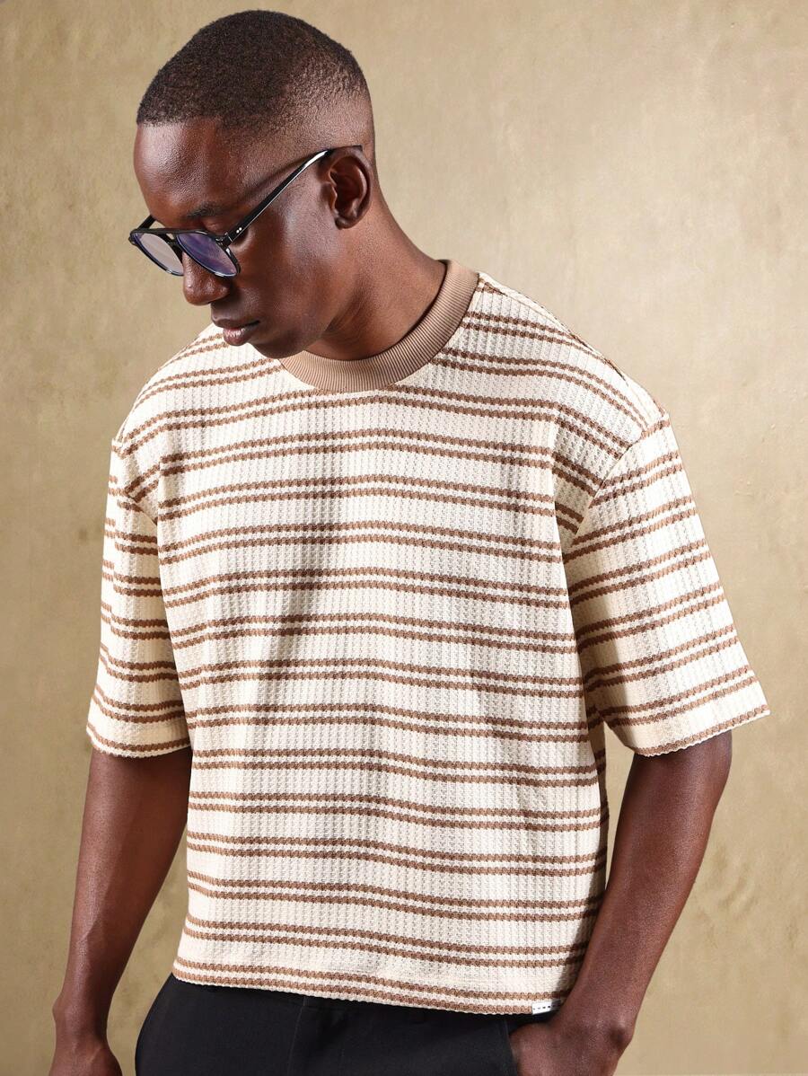 SUMWON Lässiges gestreiftes T-Shirt mit strukturiertem Rippstrick, hochwertige Kurzarm Alltagsessentials, klassisch für den Sommer - Verschiedenfarbig - Übersicht 1