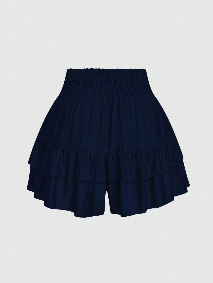 EMERY ROSE Plus Size Holidaya Paperbag Waist Ruffle Hem Wide Leg Shorts - Blue - View 1