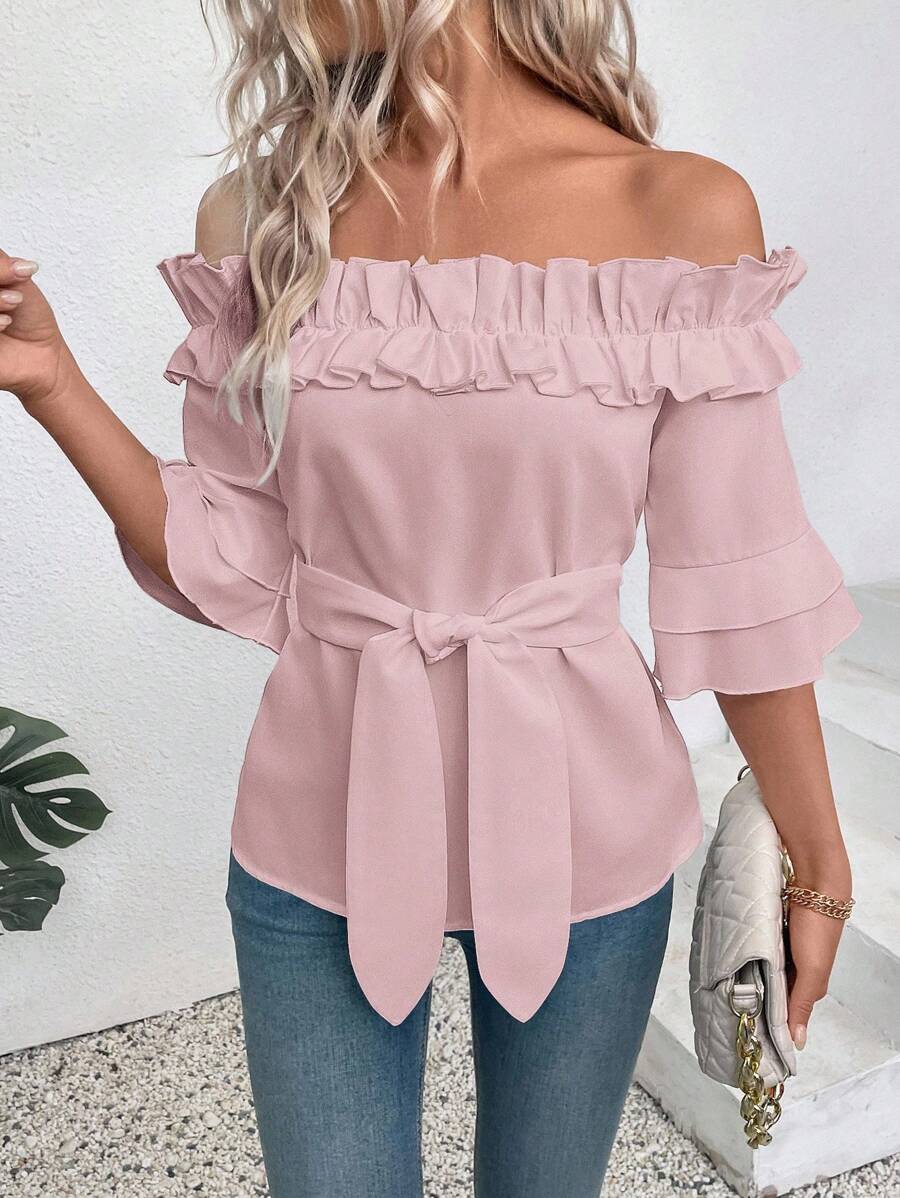 SHEIN Clasi 女士白色露肩荷叶边下摆休闲衬衫 - 粉色 - 查看 1