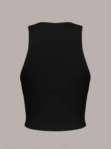 SHEIN EZwear 休閒簡約的美國國旗印花修身女士圓領背心，適合夏季 - 黑色 - 查看 2