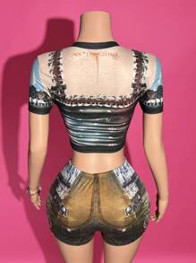 Slaydiva 2025 Summer New Style College Style Back To School Season Birthday Party Student Wear Daily Street Basic Versatile Leisure Vacation Cruise Travel Beach Seaside Sunbathing Popular Online Round Neck Short Sleeve Tight Cut Ladies T-Shirt And Slim Shorts Positioning Printing Summer Suit Ladies Two-Piece Suit