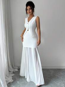 Elenzga Completo elegante e alla moda da donna composto da una blusa senza maniche con scollo a V, vita stretta e balza con orlo in rete, abbinata a una gonna minimalista vintage