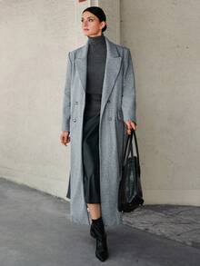 CLARA VERO Classic Casual Style Long Pockets Woolen Overcoat - Light Grey - View 7