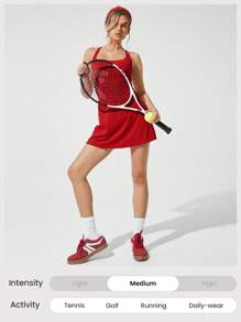 GLOWMODE Quick-Dry Sweat-Wicking Built-In Cups Square-Neck Dress With Built-In Shorts Side Pockets Non-Slip Grips Tennis Golf Gym Daily Casual