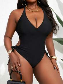 Slaydiva Plus Size Women Deep V Neck Solid Color Sexy Halter One-Piece Swimsuit For Summer Beach Vacation - Black - View 4