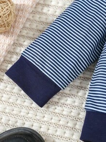 SHEIN Sudadera Con Capucha Y Pantalones Deportivos De Rayas Para Bebé Con Lazo En La Parte Delantera, 2 En 1 - Azul y blanco - Ver 5