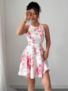 Elenzga Round Neck Random Floral Print Waist Slimming Spring/Summer Resort Sexy Backless Hollow-Out A-Line Floral Ruffle Hem Vintage Luxurious Mini Sleeveless Dress