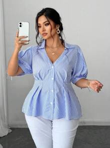 SHEIN Unity Plus Size Woven Short Sleeve Casual Commuting Striped Shirt - Blue - View 1