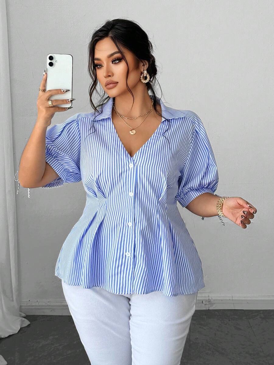 SHEIN Unity Plus Size Woven Short Sleeve Casual Commuting Striped Shirt - Blue - View 1