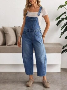 EMERY ROSE 女式口袋喇叭形宽松牛仔背带裤连体裤，夏季女式牛仔背带裤女式牛仔背带裤女式牛仔连体裤女式牛仔连体裤女式背带裤 - 藍色 - 查看 5