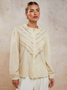 COSMINA Women's Solid Color Lace Trim Panel Cuff Elegant Single-Breasted Blouse - Beige - View 6