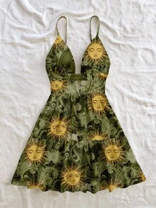 Soleia 休闲度假风格绿色太阳神佩斯利和腰果图案女士休闲度假 V 领镂空露背荷叶边下摆迷你连衣裙，适合夏季度假