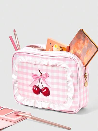 Kawaii Niedliche rosa karierte Kirschmuster große Kapazität transparentes Fenster Make-up Tasche für Frauen