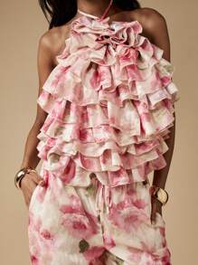 MISSGUIDED Conjunto de dos piezas con top halter con volantes florales y pantalón palazzo de pierna ancha para boda, fiesta, ocasión formal en la playa o de noche - Multicolor - Ver 4