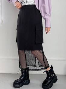 FRIFUL Falda Patchwork De Línea A Con Bolsillos De Solapa Y Red De Pesca - Gris - Ver 5