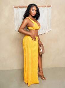 BamGleam 女式性感纯色上衣和开叉大腿性感无袖短裙 2 件套 - 黃色 - 查看 4
